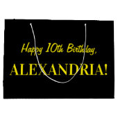 おもしろいストライプのピンク「10」、ハッピー10誕生日、名前 ラージペーパーバッグ (裏面)