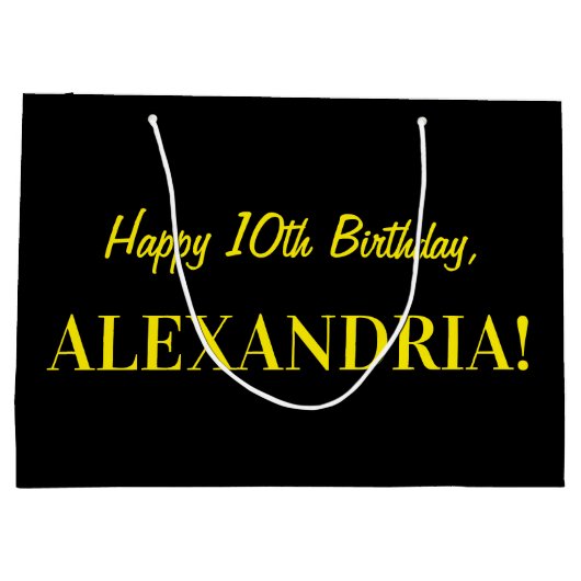 おもしろいストライプのピンク「10」、ハッピー10誕生日、名前 ラージペーパーバッグ (裏面)