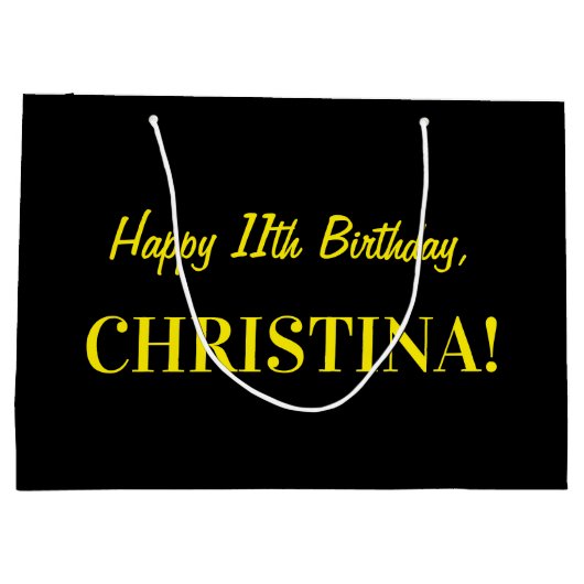 おもしろいストライプのピンク「11」、ハッピー11誕生日、名前 ラージペーパーバッグ (裏面)