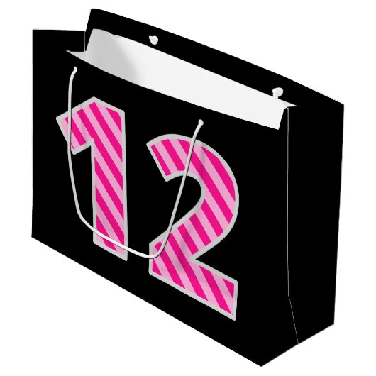 おもしろいストライプのピンク「12」、ハッピー12誕生日、名前 ラージペーパーバッグ (正面アングル)