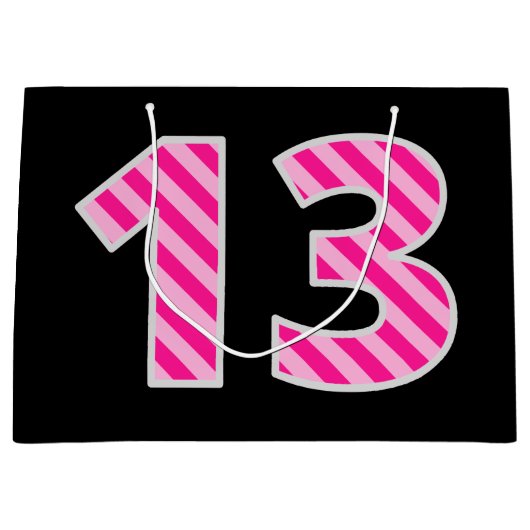 おもしろいストライプのピンク「13」、ハッピー13誕生日、名前 ラージペーパーバッグ (正面)
