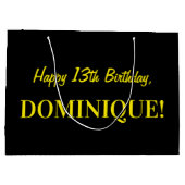 おもしろいストライプのピンク「13」、ハッピー13誕生日、名前 ラージペーパーバッグ (裏面)