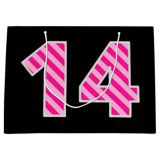 おもしろいストライプのピンク「14」、ハッピー14誕生日、名前 ラージペーパーバッグ (正面)