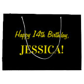 おもしろいストライプのピンク「14」、ハッピー14誕生日、名前 ラージペーパーバッグ (裏面)