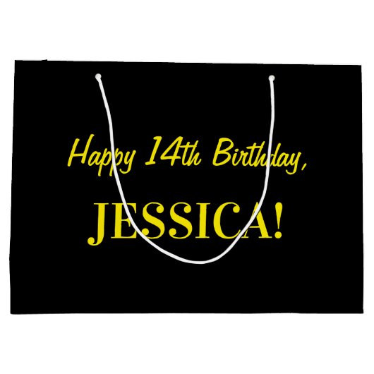 おもしろいストライプのピンク「14」、ハッピー14誕生日、名前 ラージペーパーバッグ (裏面)