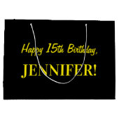 おもしろいストライプのピンク「15」、ハッピー15誕生日、名前 ラージペーパーバッグ (裏面)
