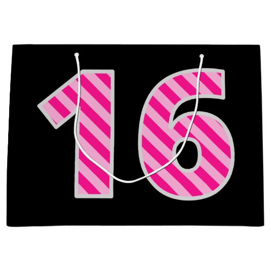 おもしろいストライプのピンク「16」、ハッピー16誕生日、名前 ラージペーパーバッグ (正面)