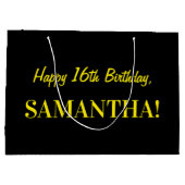 おもしろいストライプのピンク「16」、ハッピー16誕生日、名前 ラージペーパーバッグ (裏面)