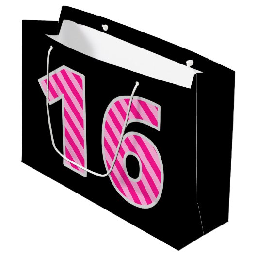 おもしろいストライプのピンク「16」、ハッピー16誕生日、名前 ラージペーパーバッグ (正面アングル)
