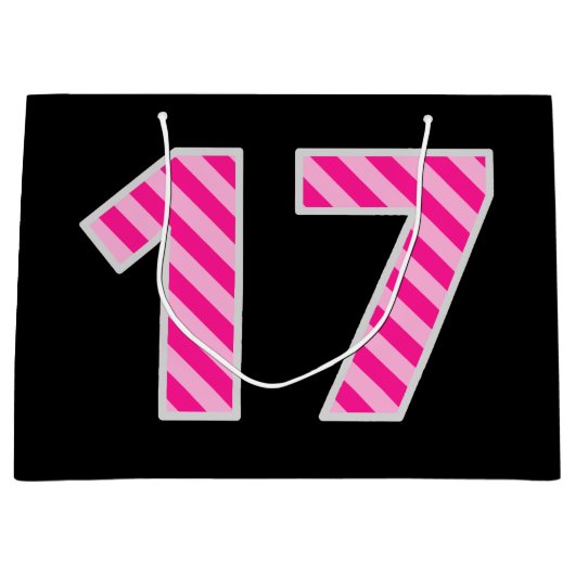 おもしろいストライプのピンク「17」、ハッピー17誕生日、名前 ラージペーパーバッグ (正面)