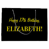 おもしろいストライプのピンク「17」、ハッピー17誕生日、名前 ラージペーパーバッグ (裏面)