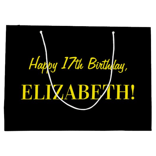 おもしろいストライプのピンク「17」、ハッピー17誕生日、名前 ラージペーパーバッグ (裏面)