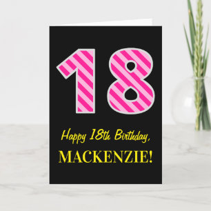 おもしろいストライプのピンク「18」、ハッピー18誕生日、名前 カード