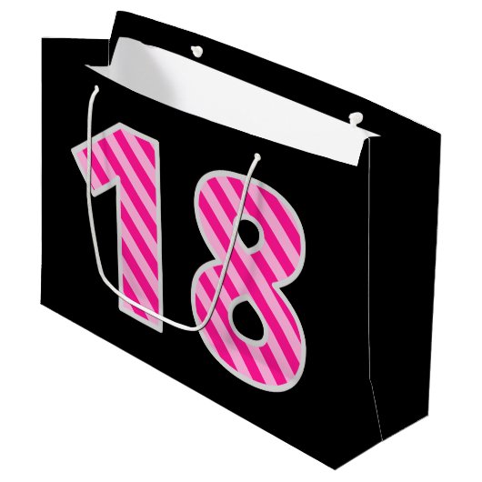 おもしろいストライプのピンク「18」、ハッピー18誕生日、名前 ラージペーパーバッグ (正面アングル)