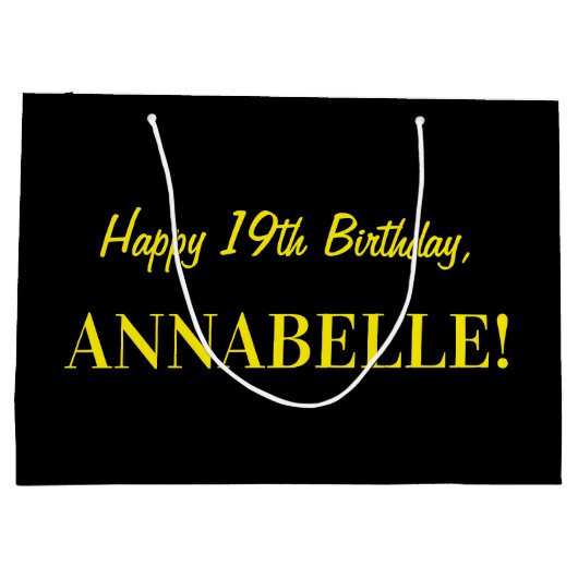 おもしろいストライプのピンク「19」、ハッピー19誕生日、名前 ラージペーパーバッグ (裏面)