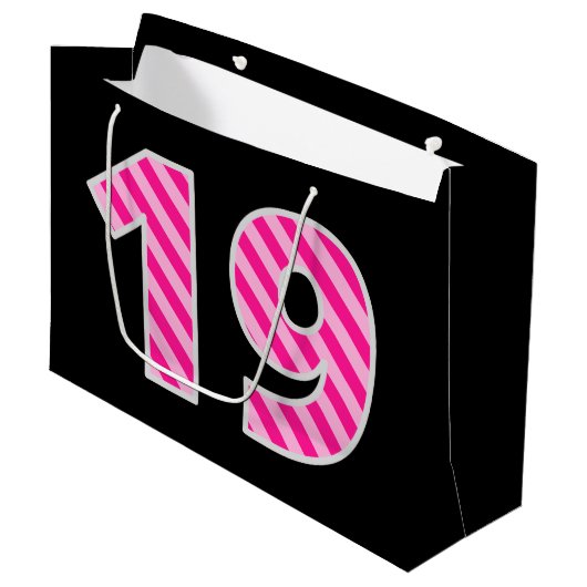 おもしろいストライプのピンク「19」、ハッピー19誕生日、名前 ラージペーパーバッグ (正面アングル)
