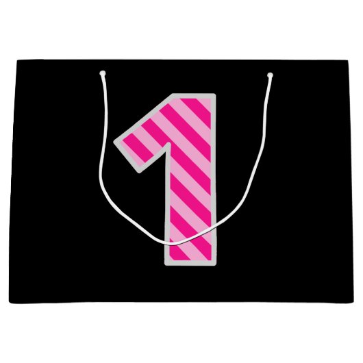 おもしろいストライプのピンク「1」、誕生日おめでとう、名前 ラージペーパーバッグ (正面)