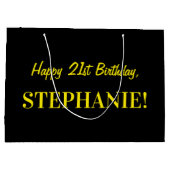 おもしろいストライプのピンク「21」、誕生日おめでとう、名前 ラージペーパーバッグ (裏面)