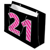 おもしろいストライプのピンク「21」、誕生日おめでとう、名前 ラージペーパーバッグ (正面アングル)