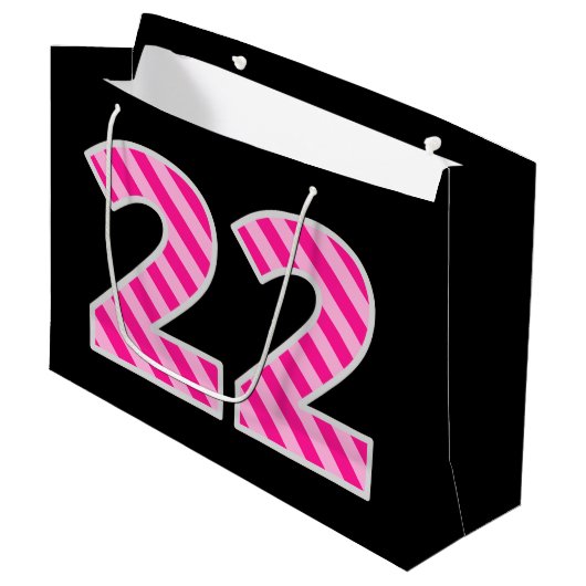 おもしろいストライプのピンク「22」、ハッピー22誕生日、名前 ラージペーパーバッグ (正面アングル)