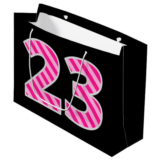 おもしろいストライプのピンク「23」、ハッピー23誕生日、名前 ラージペーパーバッグ (正面アングル)