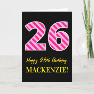 おもしろいストライプのピンク「26」、ハッピー26誕生日、名前 カード
