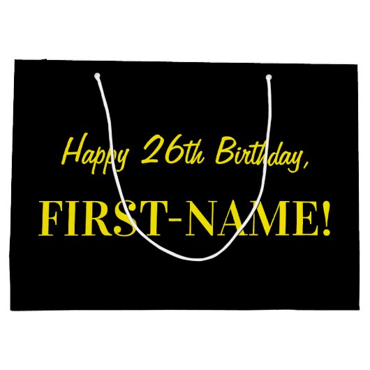 おもしろいストライプのピンク「26」、ハッピー26誕生日、名前 ラージペーパーバッグ (裏面)