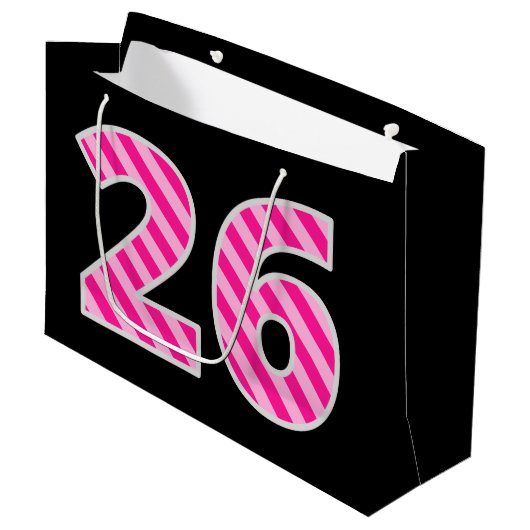おもしろいストライプのピンク「26」、ハッピー26誕生日、名前 ラージペーパーバッグ (正面アングル)