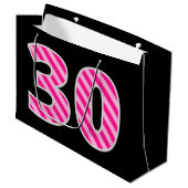 おもしろいストライプのピンク「30」、誕生日おめでとう、名前 ラージペーパーバッグ (正面アングル)