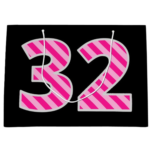 おもしろいストライプのピンク「32」、ハッピーピンク32誕生日、名前 ラージペーパーバッグ (正面)