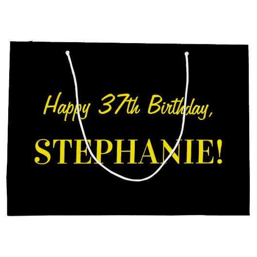 おもしろいストライプのピンク「37」、ハッピー37誕生日、名前 ラージペーパーバッグ (裏面)