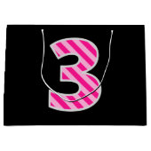 おもしろいストライプのピンク「3」、誕生日おめでとう、名前 ラージペーパーバッグ (正面)