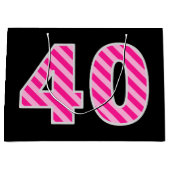 おもしろいストライプのピンク「40」、誕生日おめでとう、名前 ラージペーパーバッグ (正面)
