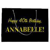 おもしろいストライプのピンク「40」、誕生日おめでとう、名前 ラージペーパーバッグ (裏面)