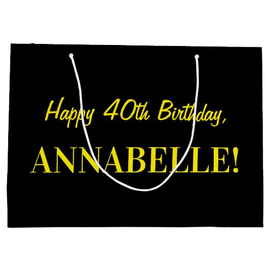 おもしろいストライプのピンク「40」、誕生日おめでとう、名前 ラージペーパーバッグ (裏面)