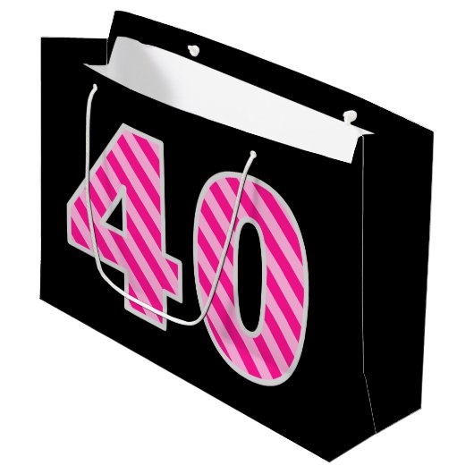 おもしろいストライプのピンク「40」、誕生日おめでとう、名前 ラージペーパーバッグ (正面アングル)