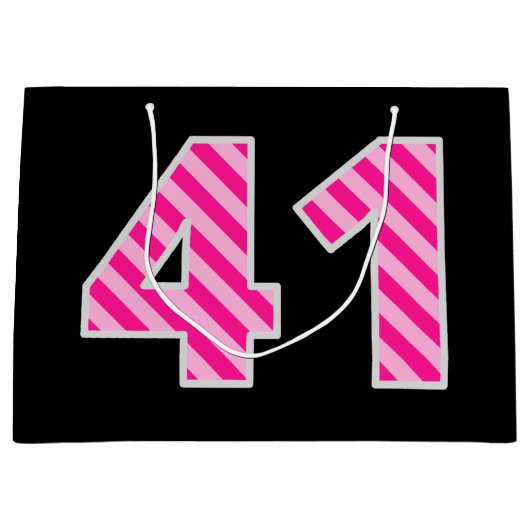 おもしろいストライプのピンク「41」、ハッピー41誕生日、名前 ラージペーパーバッグ (正面)