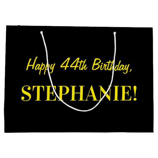 おもしろいストライプのピンク「44」、ハッピー44誕生日、名前 ラージペーパーバッグ (裏面)