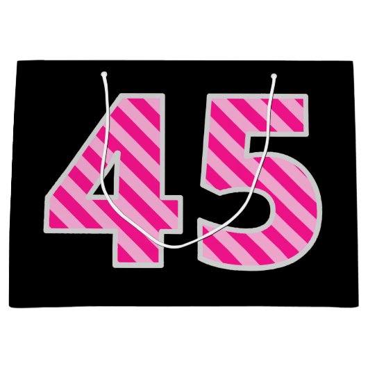 おもしろいストライプのピンク「45」、ハッピー45誕生日、名前 ラージペーパーバッグ (正面)