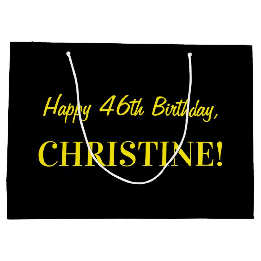 おもしろいストライプのピンク「46」、ハッピー46誕生日、名前 ラージペーパーバッグ (裏面)