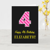 おもしろいストライプのピンク「4」、誕生日おめでとう カード (黄色い花)