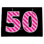 おもしろいストライプのピンク「50」、ハッピー50誕生日、名前 ラージペーパーバッグ (正面)