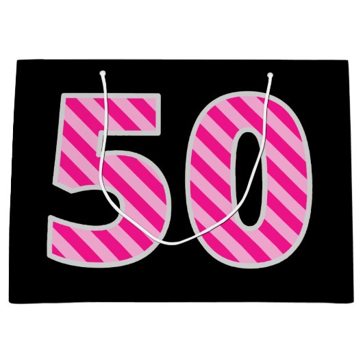 おもしろいストライプのピンク「50」、ハッピー50誕生日、名前 ラージペーパーバッグ (正面)