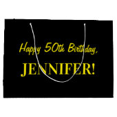 おもしろいストライプのピンク「50」、ハッピー50誕生日、名前 ラージペーパーバッグ (裏面)