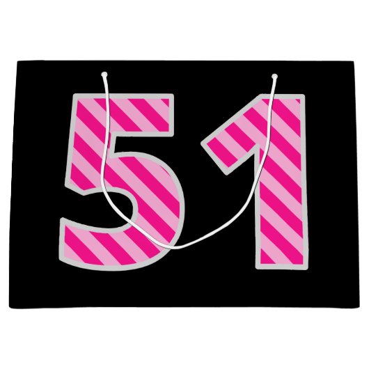 おもしろいストライプのピンク「51」、ハッピー51誕生日、名前 ラージペーパーバッグ (正面)