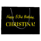 おもしろいストライプのピンク「53」、Happy 53誕生日、名前 ラージペーパーバッグ (裏面)