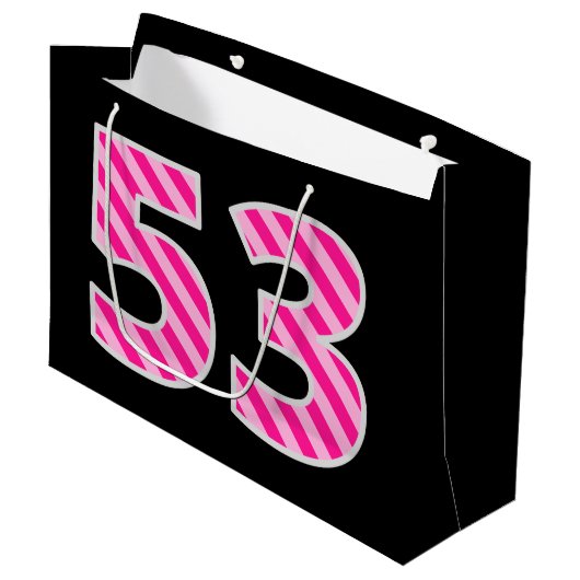 おもしろいストライプのピンク「53」、Happy 53誕生日、名前 ラージペーパーバッグ (正面アングル)