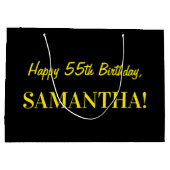 おもしろいストライプのピンク「55」、ハッピー55誕生日、名前 ラージペーパーバッグ (裏面)