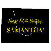 おもしろいストライプのピンク「60」、ハッピー60誕生日、名前 ラージペーパーバッグ (裏面)