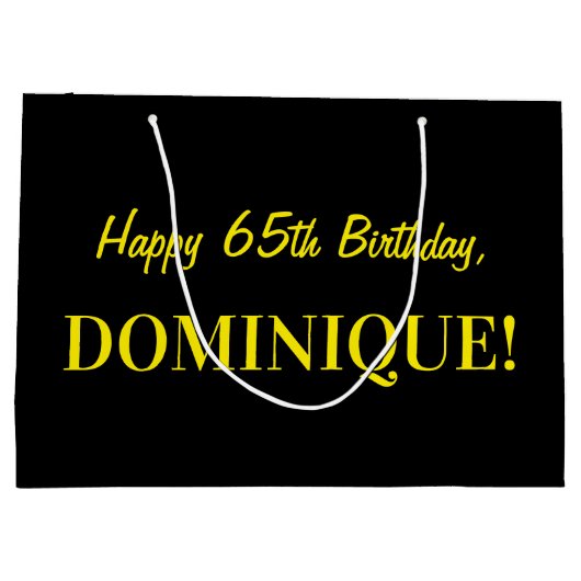 おもしろいストライプのピンク「65」、ハッピー65誕生日、名前 ラージペーパーバッグ (裏面)